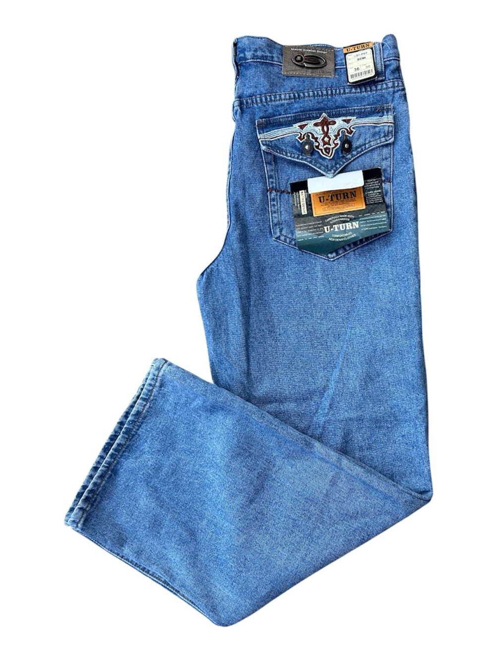 VTG U-Turn Baggy Jeans 36x30 Blue Denim Embroidered Back Pocket Y2K Skate Rapp